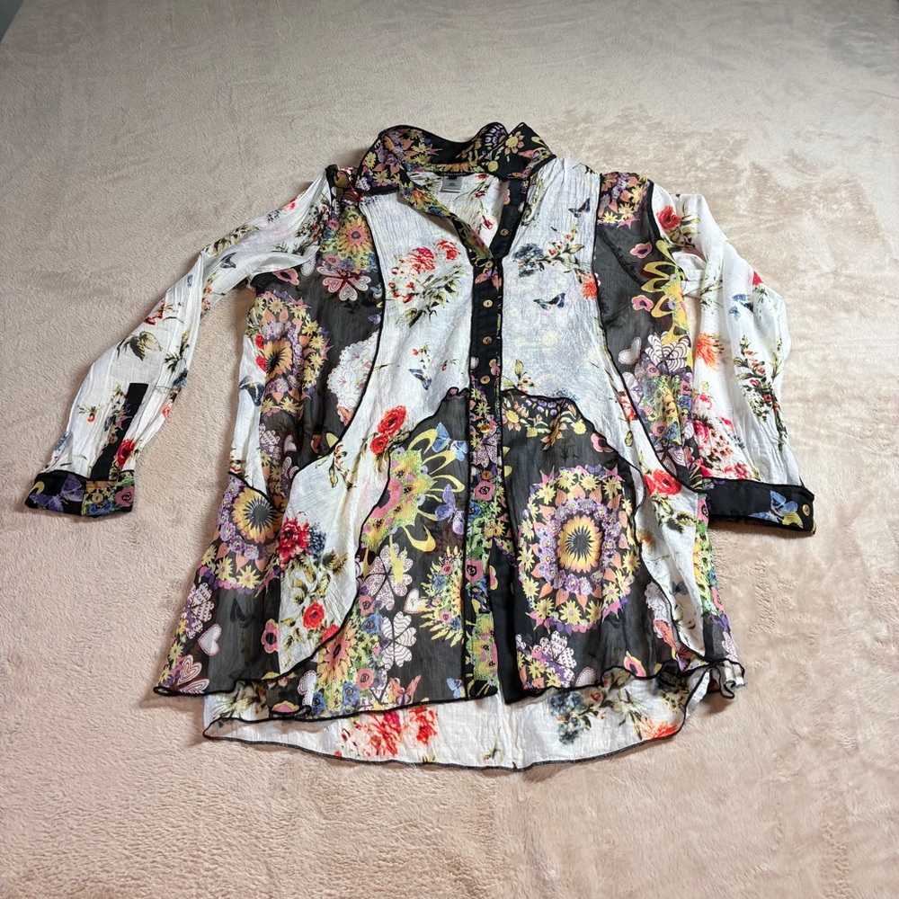 John Mark Boho Patchwork Floral Sheer Blouse Fall… - image 1